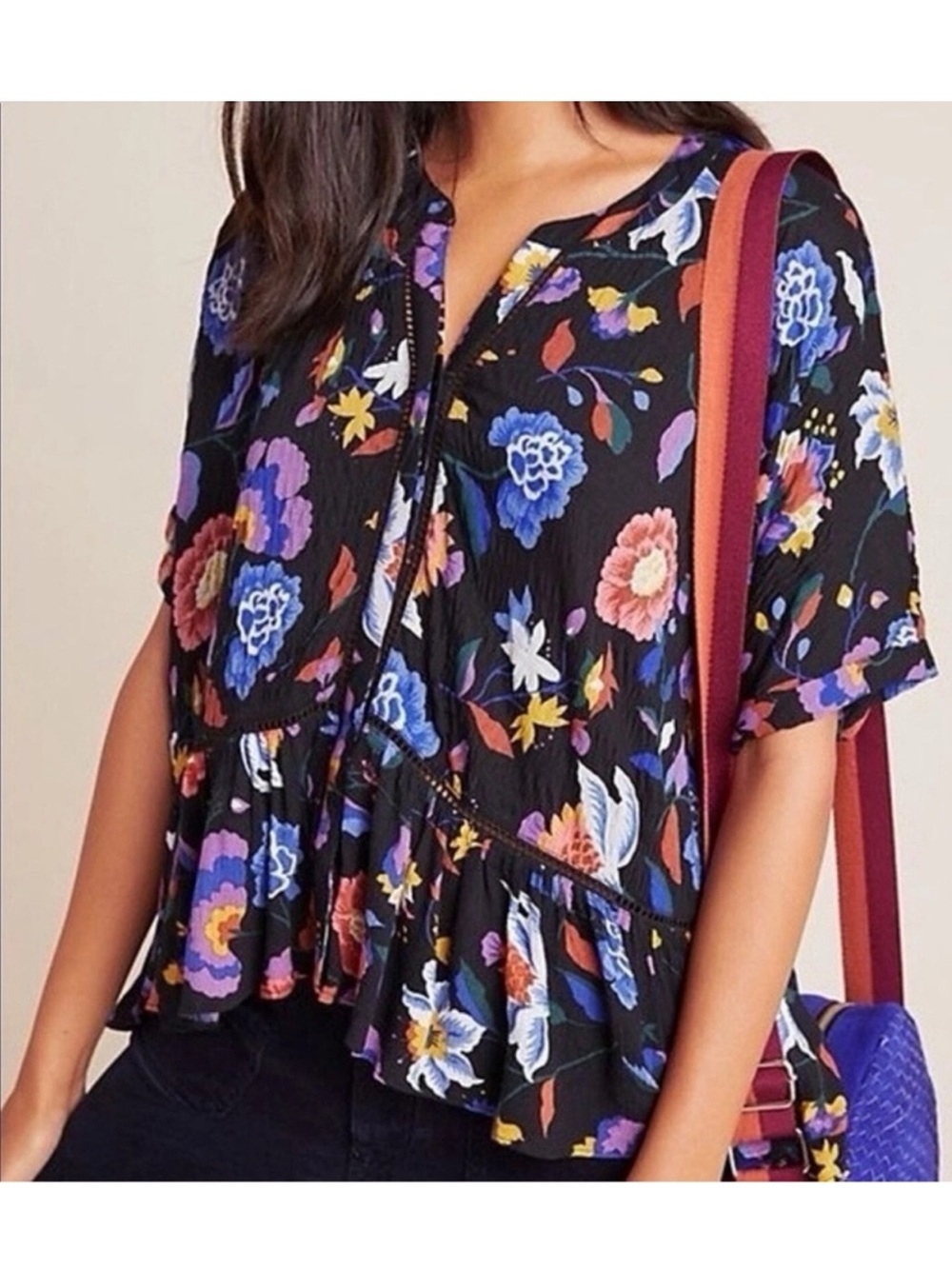 Anthropologie Josie Dolman Sleeves Floral High Low Ruffle Hem Top Size S Boho